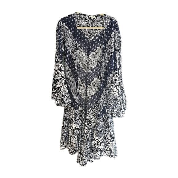 UMGEE Navy Blue White Floral Bell Sleeve Long Kimono Cardigan Womans Size Medium - Picture 1 of 7